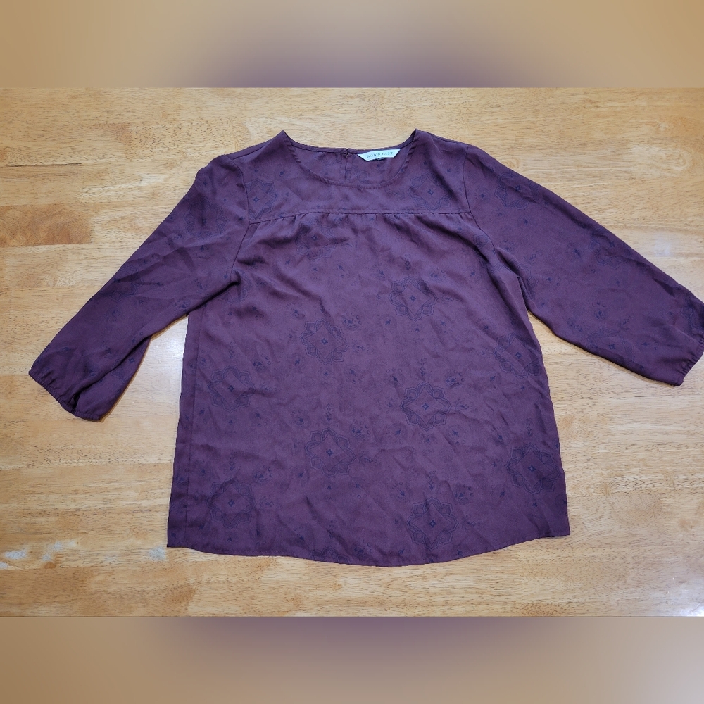 EUC DownEast maroon printed sheer blouse top shirt
